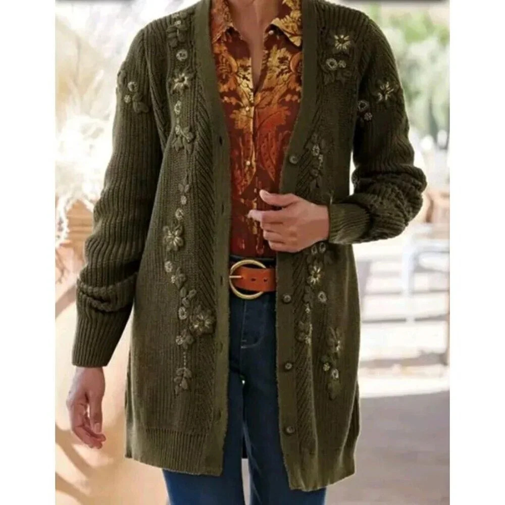 Soft Surroundings Olive Green Embroidered Knit Cardigan